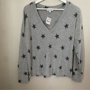 Socialite Top Long Sleeve Fleece Soft Star Print Gray Casual V-Neck Cozy Neutral